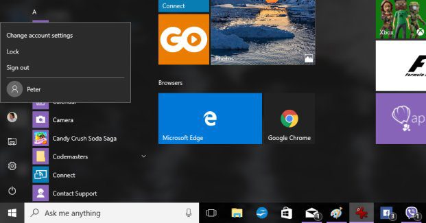 Windows 10 PC account tiles start