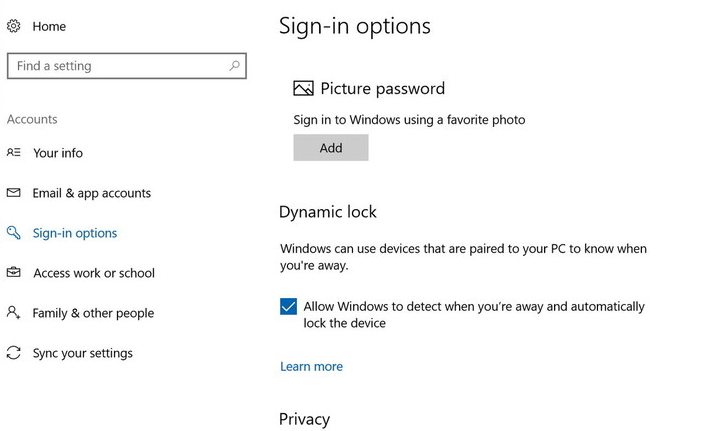 Dynamic Lock sign-in