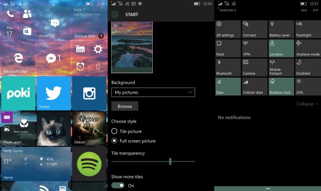 WIndows 10 Mobile start screen settings start