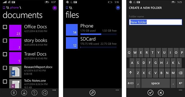 screenshots windows phone 8.1 File manager app