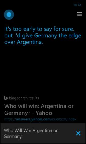 Cortana prediction for World Cup Final in Brazil 2014: Germany vs Argentina