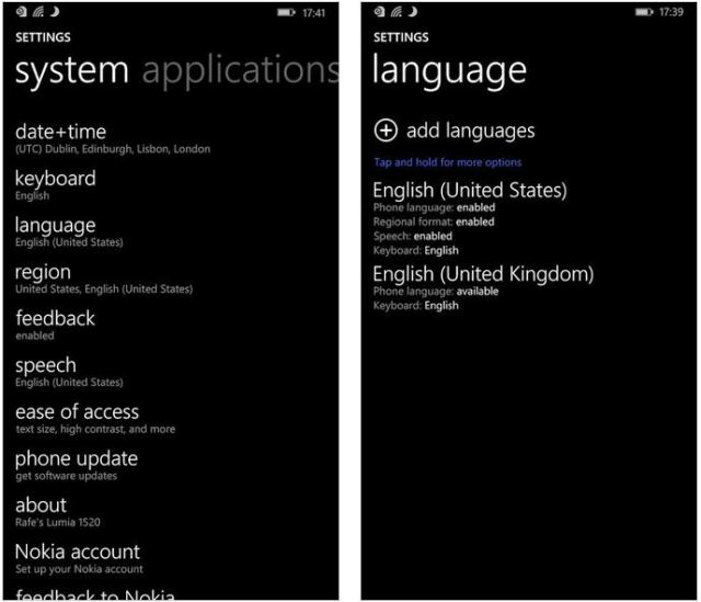 Windows Phone 8.1 language settings